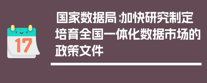 国家数据局：加快研究制定培育全国一体化数据市场的政策文件